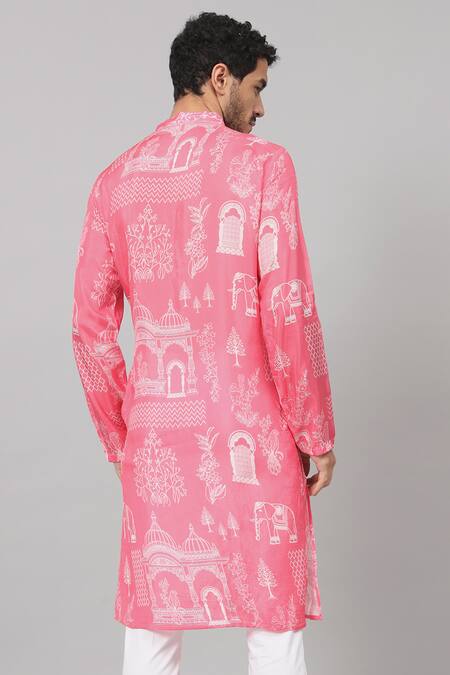 Shop_Hilo Design_Pink Silk Botanical Print Kurta_at_Aza_Fashions