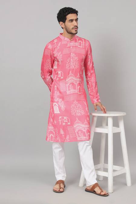 Hilo Design_Pink Silk Botanical Print Kurta_Online_at_Aza_Fashions