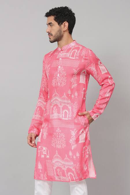 Buy_Hilo Design_Pink Silk Botanical Print Kurta_Online_at_Aza_Fashions