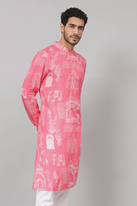 Shop_Hilo Design_Pink Silk Botanical Print Kurta_Online_at_Aza_Fashions