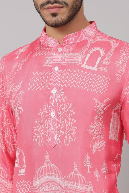 Hilo Design_Pink Silk Botanical Print Kurta_at_Aza_Fashions