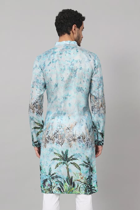 Shop_Hilo Design_Blue Silk Sepia Palm Tree Print Kurta _at_Aza_Fashions