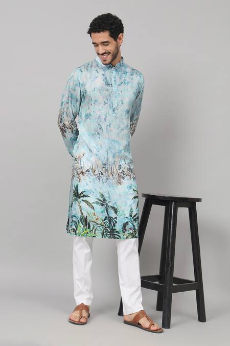 Hilo Design_Blue Silk Sepia Palm Tree Print Kurta _Online_at_Aza_Fashions
