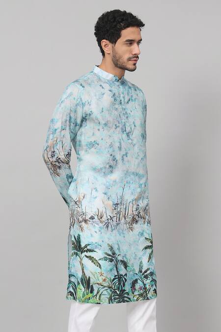 Hilo Design_Blue Silk Sepia Palm Tree Print Kurta _at_Aza_Fashions