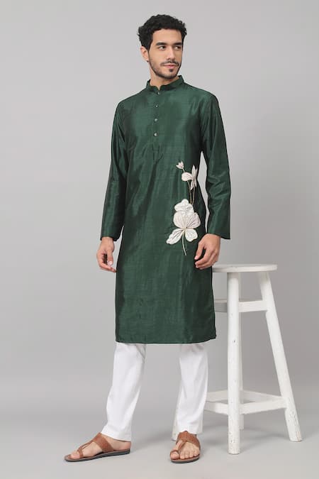 Hilo Design Green Semi Raw Silk Placement Patch Floral Wijze Work Kurta With Pant
