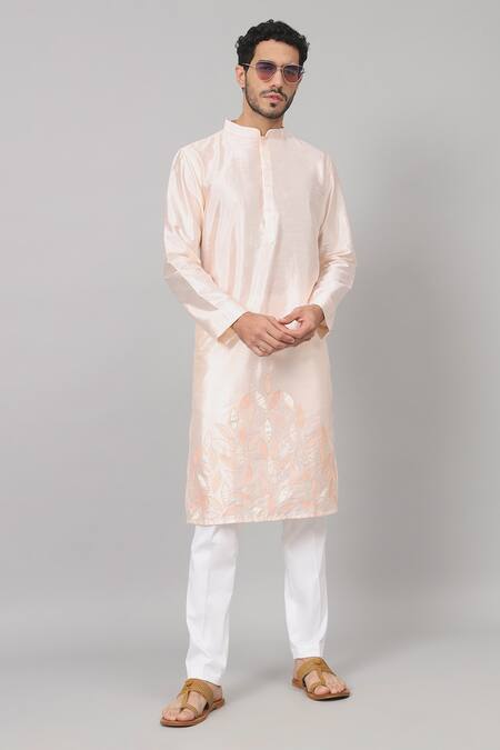 Hilo Design Peach Semi Raw Silk Placement Patch Leaves Abrikos Embroidered Kurta With Pant