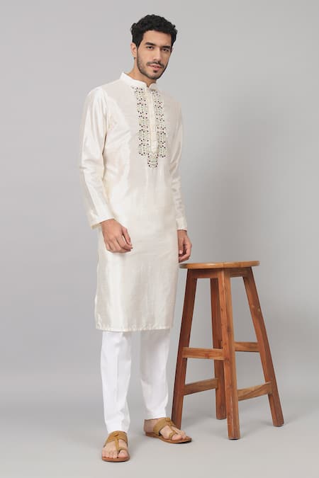 Hilo Design Off White Semi Raw Silk Placement Embroidery Rein Placket Kurta With Pant