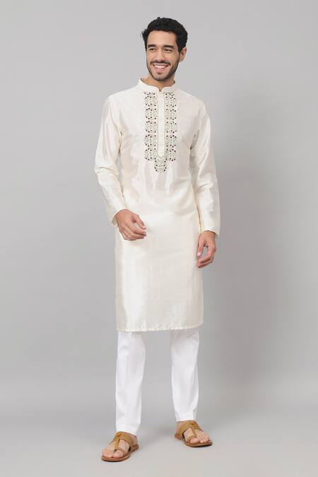 Hilo Design Off White Silk Embroidery Rein Placket Kurta With Pant at Aza Fashions Hilo Design_Off White Silk Embroidery Rein Placket Kurta With Pant _at_Aza_Fashions