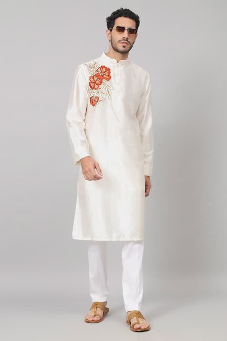 Hilo Design Off White Semi Raw Silk Placement Embroidery Beju Contrast Kurta With Pant