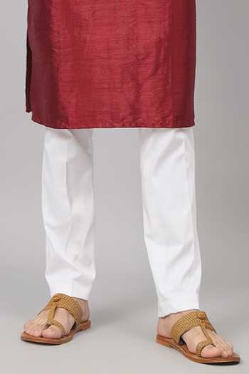 Hilo Design_Maroon Silk, Cotton Embroidery Claret Placket Kurta With Pant _Online_at_Aza_Fashions