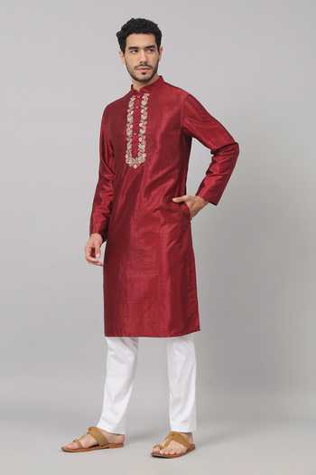 Buy_Hilo Design_Maroon Silk, Cotton Embroidery Claret Placket Kurta With Pant _Online_at_Aza_Fashions