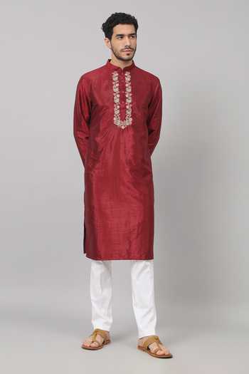 Shop_Hilo Design_Maroon Silk, Cotton Embroidery Claret Placket Kurta With Pant _Online_at_Aza_Fashions