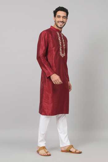 Hilo Design_Maroon Silk, Cotton Embroidery Claret Placket Kurta With Pant _at_Aza_Fashions
