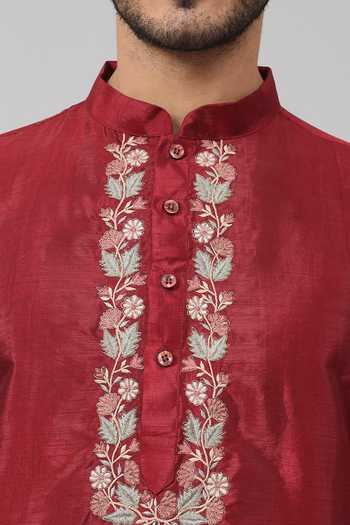 Buy_Hilo Design_Maroon Silk, Cotton Embroidery Claret Placket Kurta With Pant 