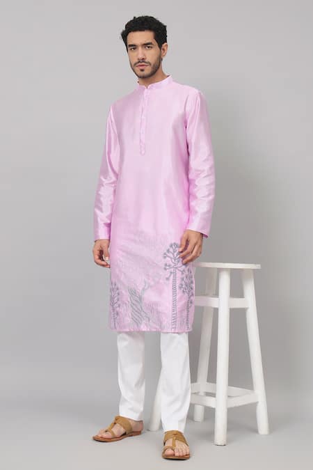 Hilo Design Purple Semi Raw Silk Placement Embroidery Orchid Lila Kurta With Pant