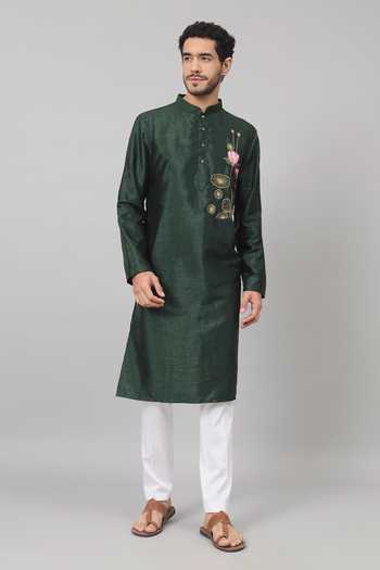 Buy_Hilo Design_Green Silk Embroidery Varen Lotus Kurta With Pant _Online_at_Aza_Fashions