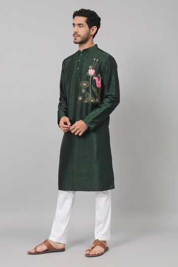 Shop_Hilo Design_Green Silk Embroidery Varen Lotus Kurta With Pant _Online_at_Aza_Fashions