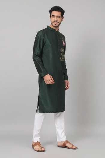 Hilo Design_Green Silk Embroidery Varen Lotus Kurta With Pant _at_Aza_Fashions
