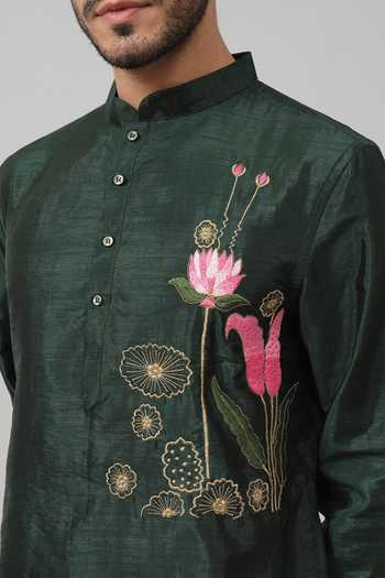 Buy_Hilo Design_Green Silk Embroidery Varen Lotus Kurta With Pant 