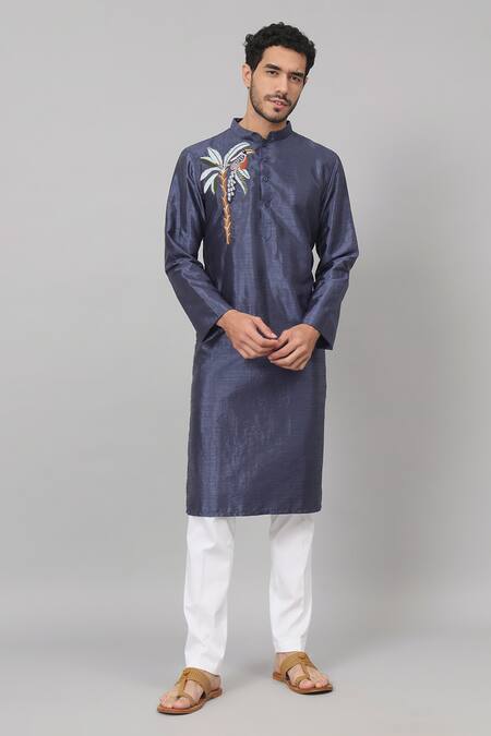 Buy_Hilo Design_Blue Silk, Cotton Embroidery Toucan Kurta Set For Kids_Online_at_Aza_Fashions