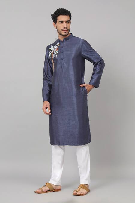 Shop_Hilo Design_Blue Silk, Cotton Embroidery Toucan Kurta Set For Kids_Online_at_Aza_Fashions