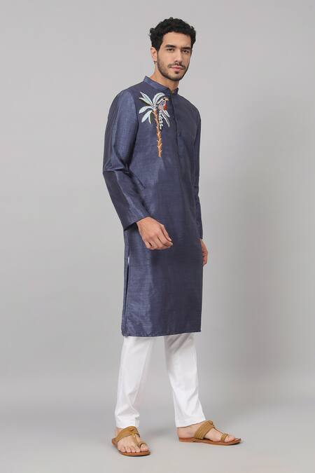 Hilo Design_Blue Silk, Cotton Embroidery Toucan Kurta Set For Kids_at_Aza_Fashions