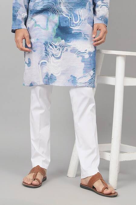 Hilo Design_Blue Gingham, Cotton Marble Print Kurta With Pant _Online_at_Aza_Fashions