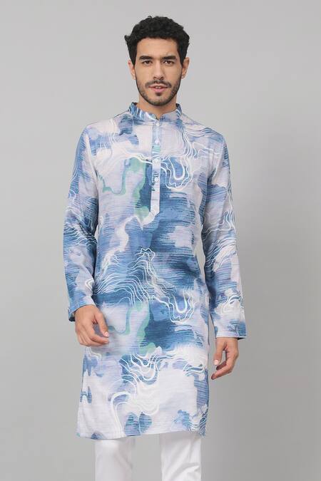 Buy_Hilo Design_Blue Gingham, Cotton Marble Print Kurta With Pant _Online_at_Aza_Fashions