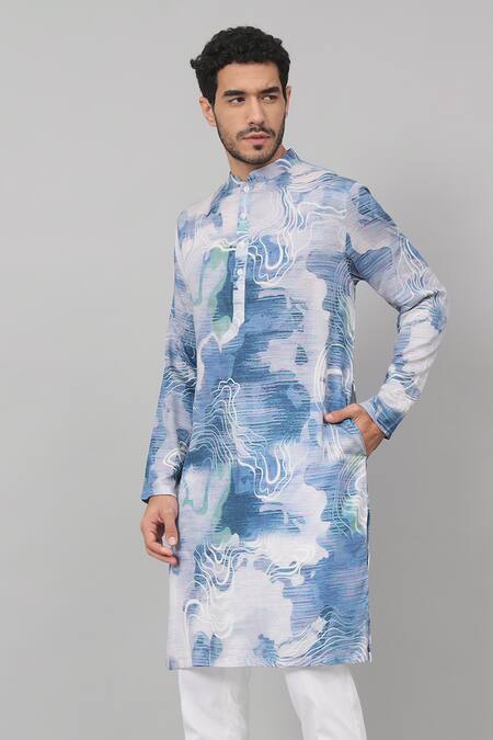 Shop_Hilo Design_Blue Gingham, Cotton Marble Print Kurta With Pant _Online_at_Aza_Fashions