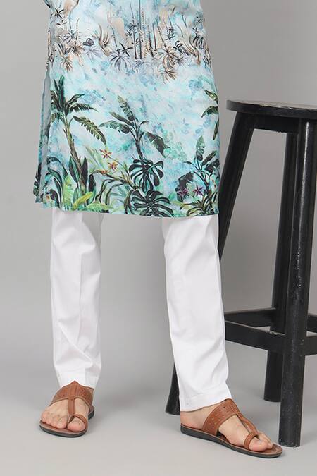 Hilo Design_Blue Silk, Cotton Sepia Palm Trees Print Kurta With Pant _Online_at_Aza_Fashions