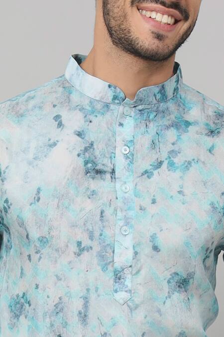 Buy_Hilo Design_Blue Silk, Cotton Sepia Palm Trees Print Kurta With Pant _Online_at_Aza_Fashions