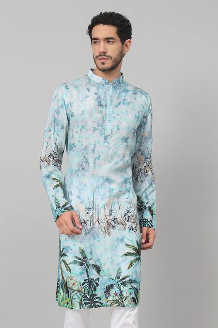 Shop_Hilo Design_Blue Silk, Cotton Sepia Palm Trees Print Kurta With Pant _Online_at_Aza_Fashions