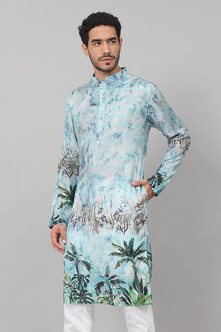 Buy_Hilo Design_Blue Silk, Cotton Sepia Palm Trees Print Kurta With Pant 
