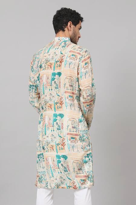 Shop Hilo Design Cream Silk, Cotton Tribal Forest Print Kurta With Pant at Aza Fashions Shop_Hilo Design_Cream Silk, Cotton Tribal Forest Print Kurta With Pant_at_Aza_Fashions