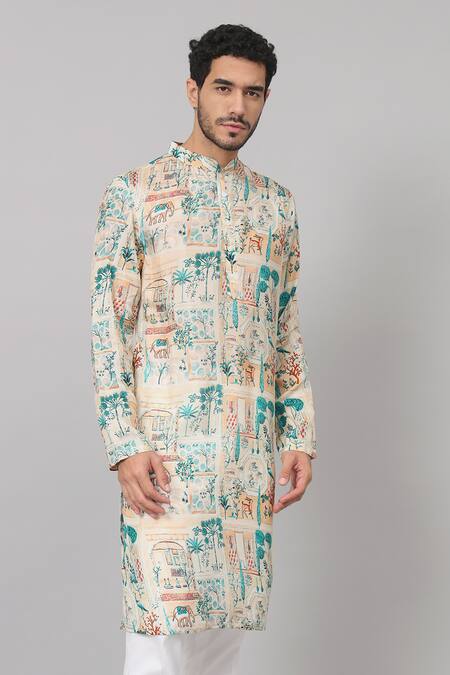 Hilo Design Cream Silk, Cotton Tribal Forest Print Kurta With Pant at Aza Fashions Hilo Design_Cream Silk, Cotton Tribal Forest Print Kurta With Pant_at_Aza_Fashions