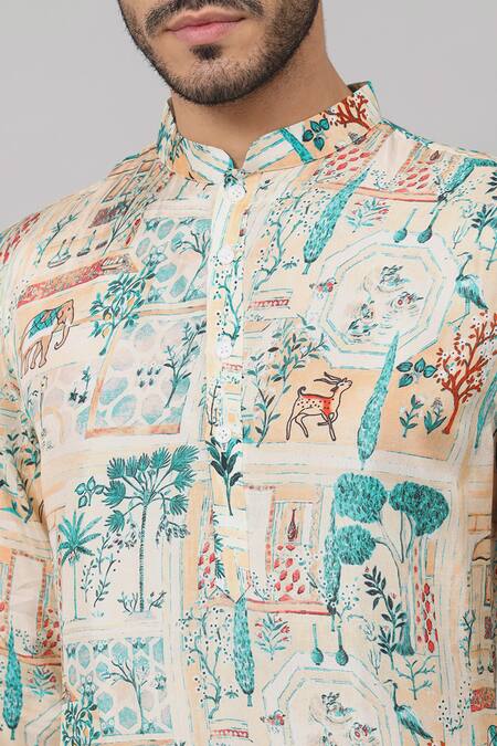 Buy Hilo Design Cream Silk, Cotton Tribal Forest Print Kurta With Pant Buy_Hilo Design_Cream Silk, Cotton Tribal Forest Print Kurta With Pant