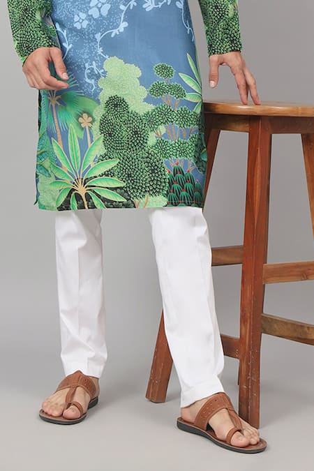 Hilo Design_Blue Silk, Cotton Vriksh Tropical Print Kurta With Pant _Online_at_Aza_Fashions