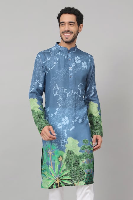 Shop_Hilo Design_Blue Silk, Cotton Vriksh Tropical Print Kurta With Pant _Online_at_Aza_Fashions