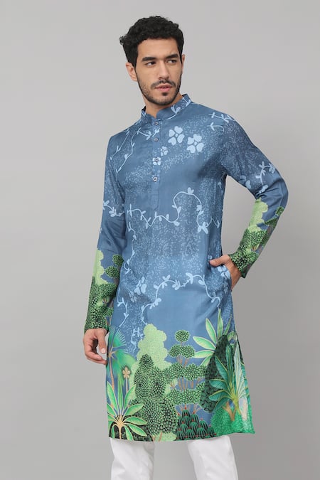 Hilo Design_Blue Silk, Cotton Vriksh Tropical Print Kurta With Pant _at_Aza_Fashions