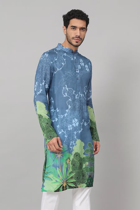 Buy_Hilo Design_Blue Silk, Cotton Vriksh Tropical Print Kurta With Pant 