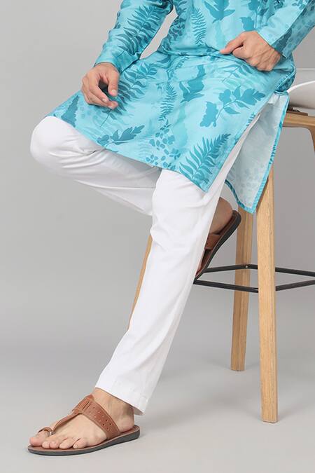 Hilo Design_Blue Gingham, Cotton Hojas Leaves Print Kurta With Pant _Online_at_Aza_Fashions