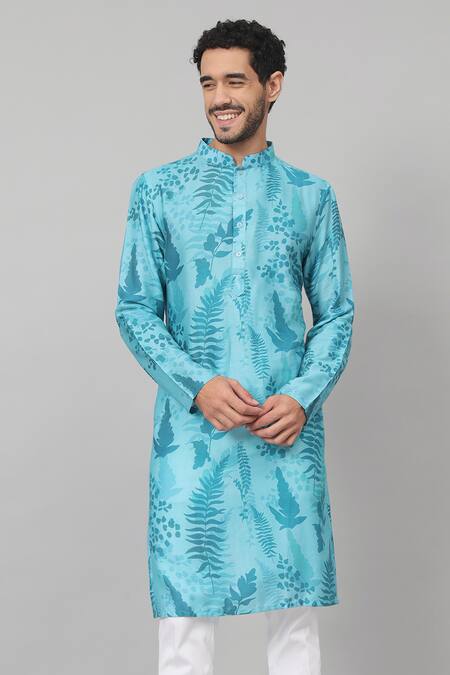 Buy_Hilo Design_Blue Gingham, Cotton Hojas Leaves Print Kurta With Pant _Online_at_Aza_Fashions