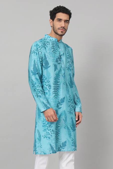 Hilo Design_Blue Gingham, Cotton Hojas Leaves Print Kurta With Pant _at_Aza_Fashions