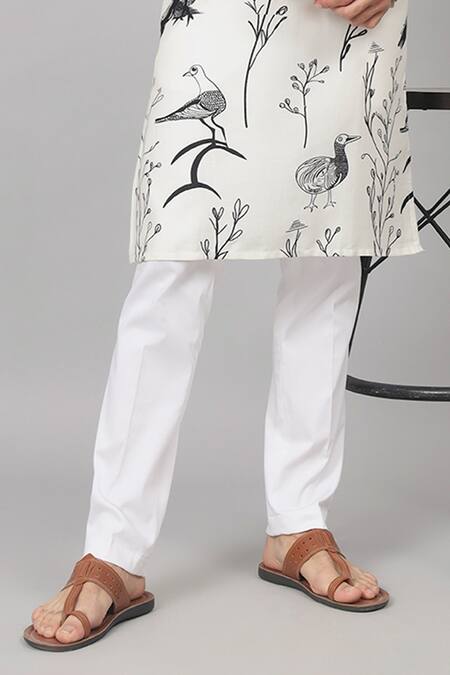 Hilo Design_White Gabardine, Cotton Feathered Birds Print Kurta With Pant _Online_at_Aza_Fashions