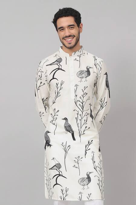Shop_Hilo Design_White Gabardine, Cotton Feathered Birds Print Kurta With Pant _Online_at_Aza_Fashions
