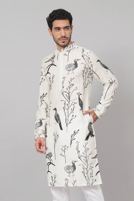 Hilo Design_White Gabardine, Cotton Feathered Birds Print Kurta With Pant _at_Aza_Fashions