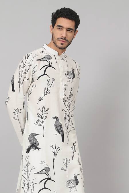 Buy_Hilo Design_White Gabardine, Cotton Feathered Birds Print Kurta With Pant 