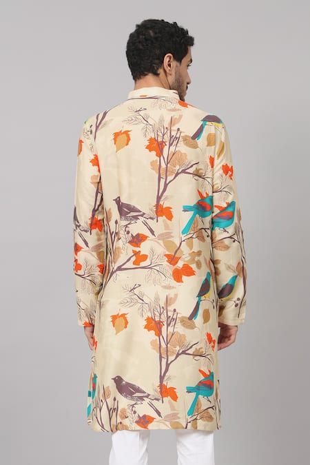 Shop_Hilo Design_Cream Gingham, Cotton Serene Bird Print Kurta With Pant _at_Aza_Fashions