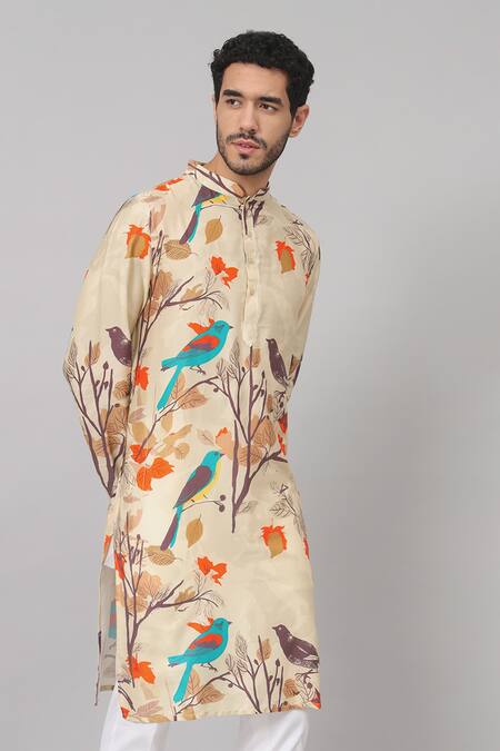 Hilo Design_Cream Gingham, Cotton Serene Bird Print Kurta With Pant _Online_at_Aza_Fashions