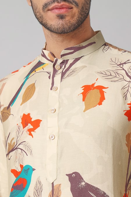 Buy_Hilo Design_Cream Gingham, Cotton Serene Bird Print Kurta With Pant _Online_at_Aza_Fashions